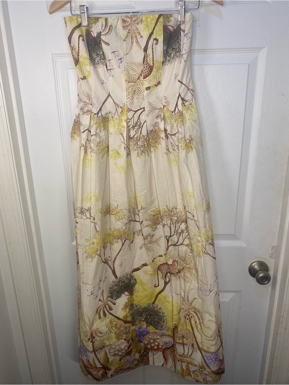 Caroline Constas NWT S Strapless Safari Jungle Yellow Green Midi Dress w Pockets